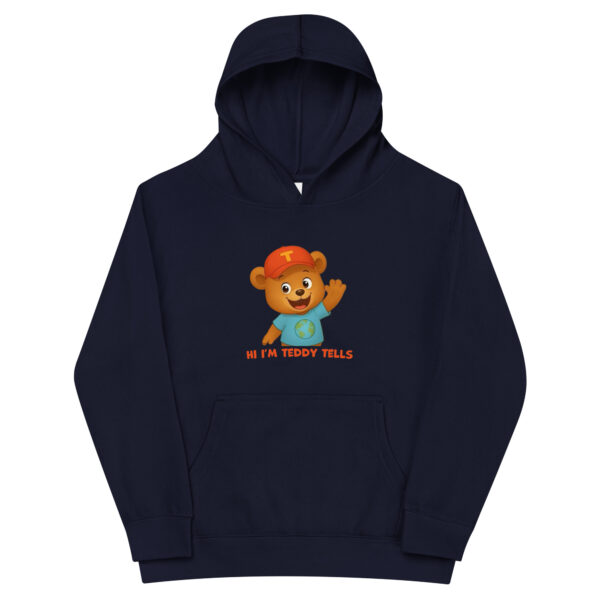 Teddy Tells Kids Navy Fleece Hoodie Learning Design Front Teddy Tells kids navy fleece hoodie front view featuring a fun learning design and friendly teddy bear character