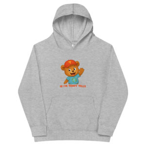 Teddy Tells Kids Light Grey Fleece Hoodie Front Teddy Tells kids light grey fleece hoodie front featuring the friendly teddy bear character