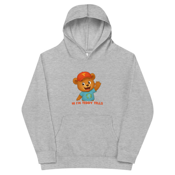 Teddy Tells Kids Light Grey Fleece Hoodie Front Teddy Tells kids light grey fleece hoodie front featuring the friendly teddy bear character