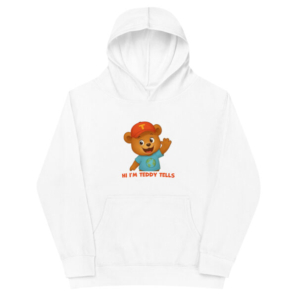 Teddy Tells Kids White Fleece Hoodie Learning Design Front Teddy Tells kids white fleece hoodie front featuring a fun learning design and friendly teddy bear character