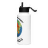 Teddy Tells kids white 32oz water bottle left view with straw lid and learning design featuring a friendly teddy bear