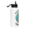 Teddy Tells kids white 32oz water bottle right view with straw lid and learning design featuring a friendly teddy bear