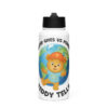 Teddy Tells kids white 32oz water bottle front with straw lid featuring a friendly teddy bear learning design