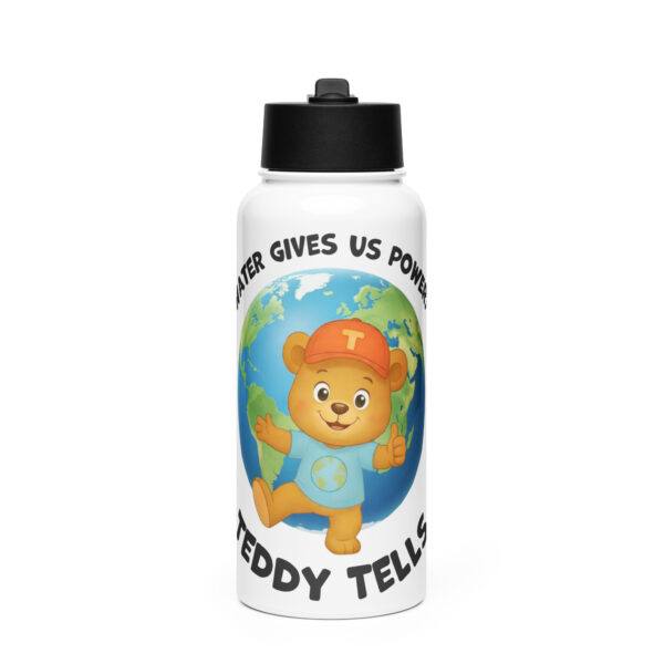 Teddy Tells kids white 32oz water bottle front with straw lid featuring a friendly teddy bear learning design