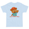 Teddy Tells Light Blue Toddler T-Shirt Learning Design Front Teddy Tells light blue toddler t-shirt front featuring a friendly teddy bear with a simple educational design
