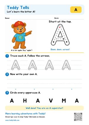 Teddy Tells Uppercase Alphabet A-Z Tracing Worksheets